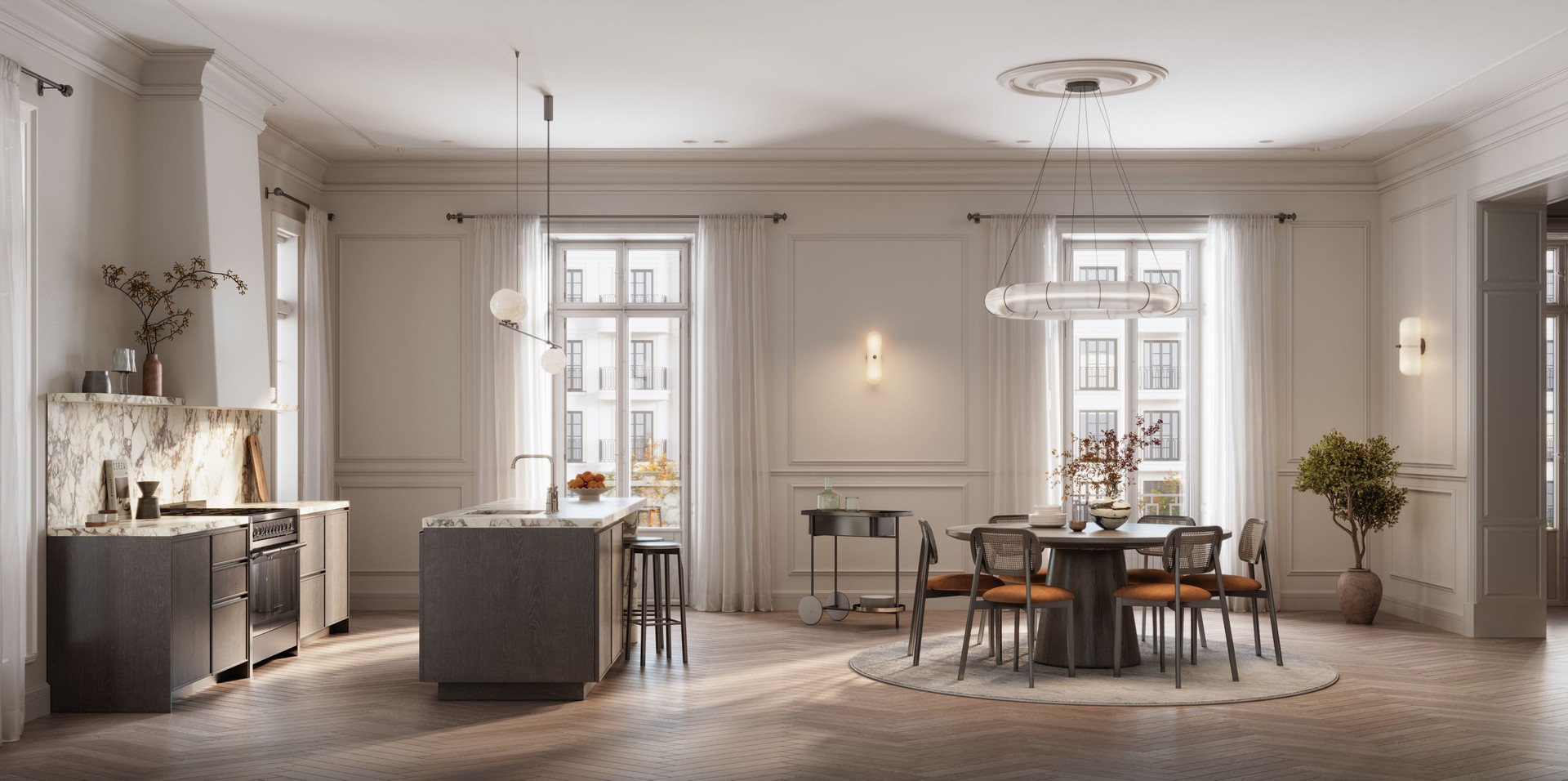 Modern Kitchen with Marble Countertops and Dining Area