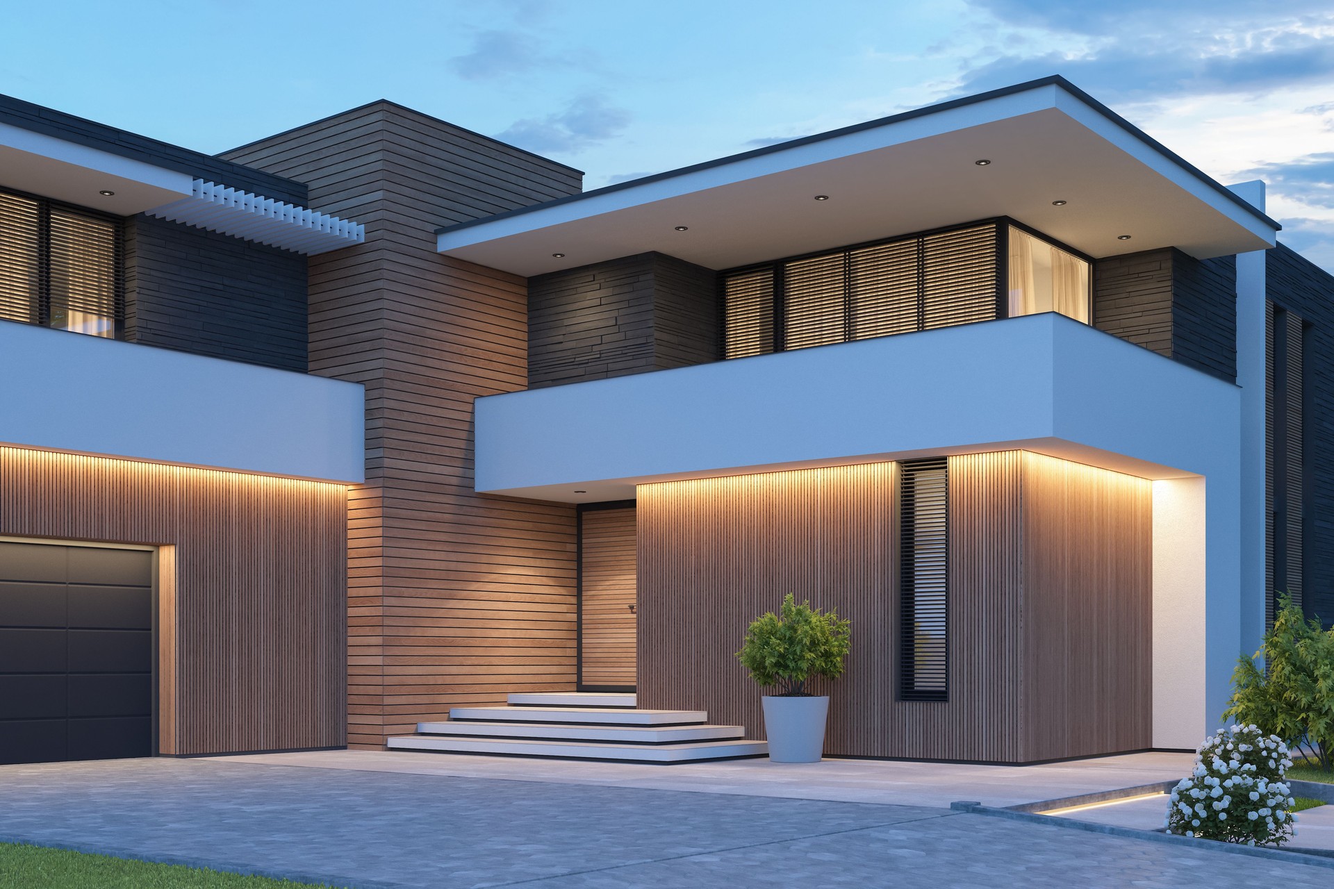 Contemporary Villa with Stunning Stone and Wooden panels Facade and Front Yard at Sunset