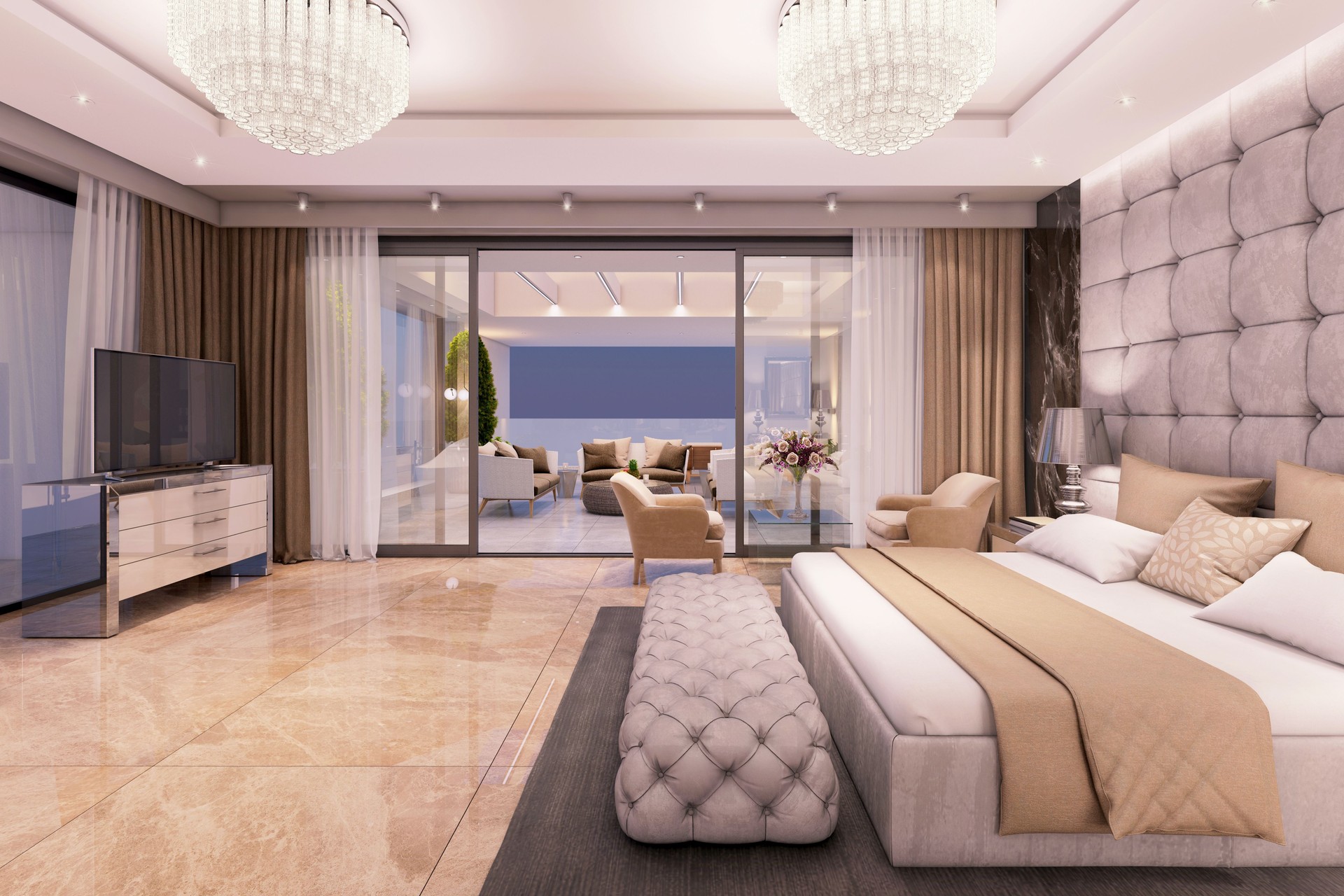 Luxury bedroom interior with large terrace